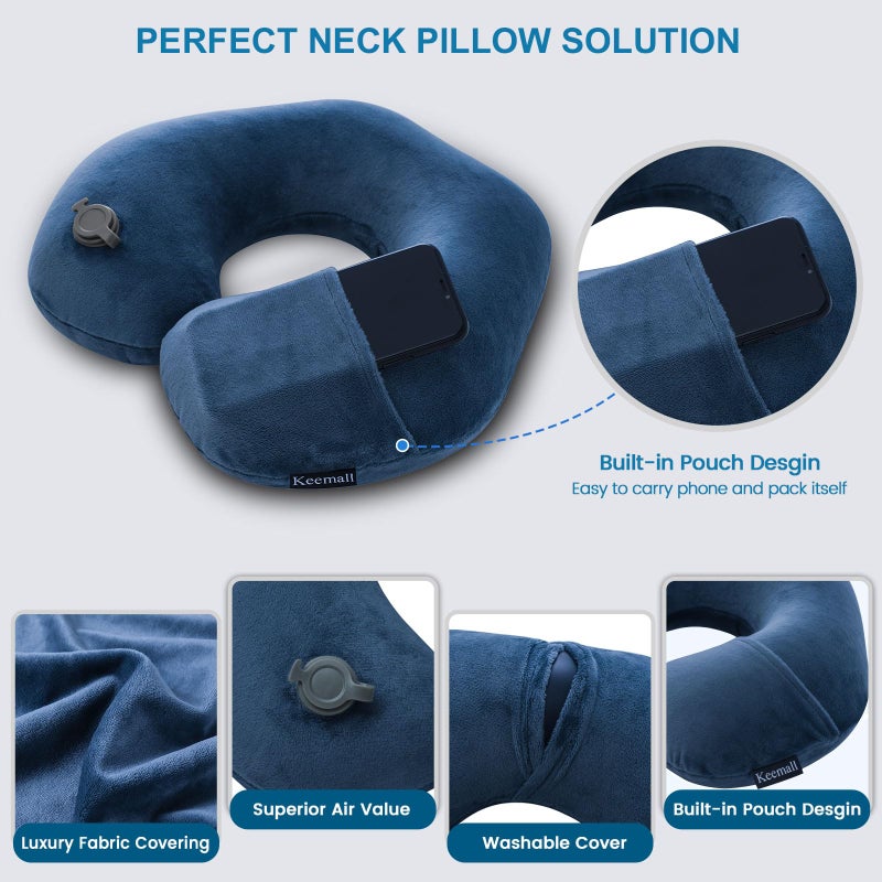 Keemall Travel Neck Pillow for Airplane, Compact Inflatable Neck Pillow for Traveling Long Flights, Adjust Firmness Neck Suport Pillow for Sleeping Plane Head Rest for Travel Accessories,Deep Blue - Image 5